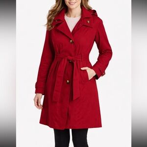 London Fog Red Trench Coat Jacket w/ Removable Hood Belted XL Classic Rain Coat